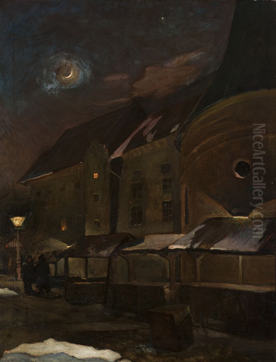 Small Market Square in Krakow at Night Oil Painting by Henryk Szczyglinski