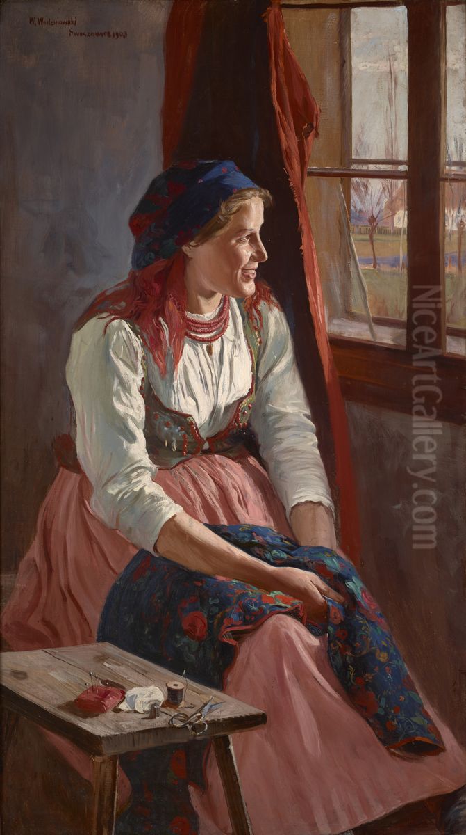 Girl at the Window Oil Painting by Wincenty Wodzinowski