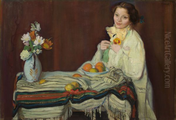 Portrait of Wife at the Table Oil Painting by Ignacy Pienkowski