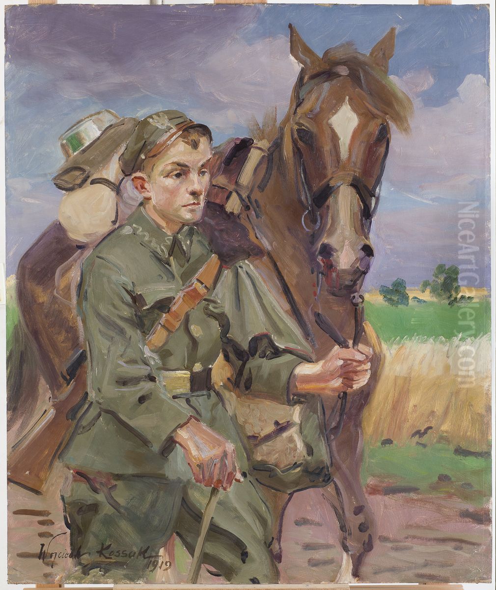 A Soldier with a Horse Oil Painting by Wojciech Kossak