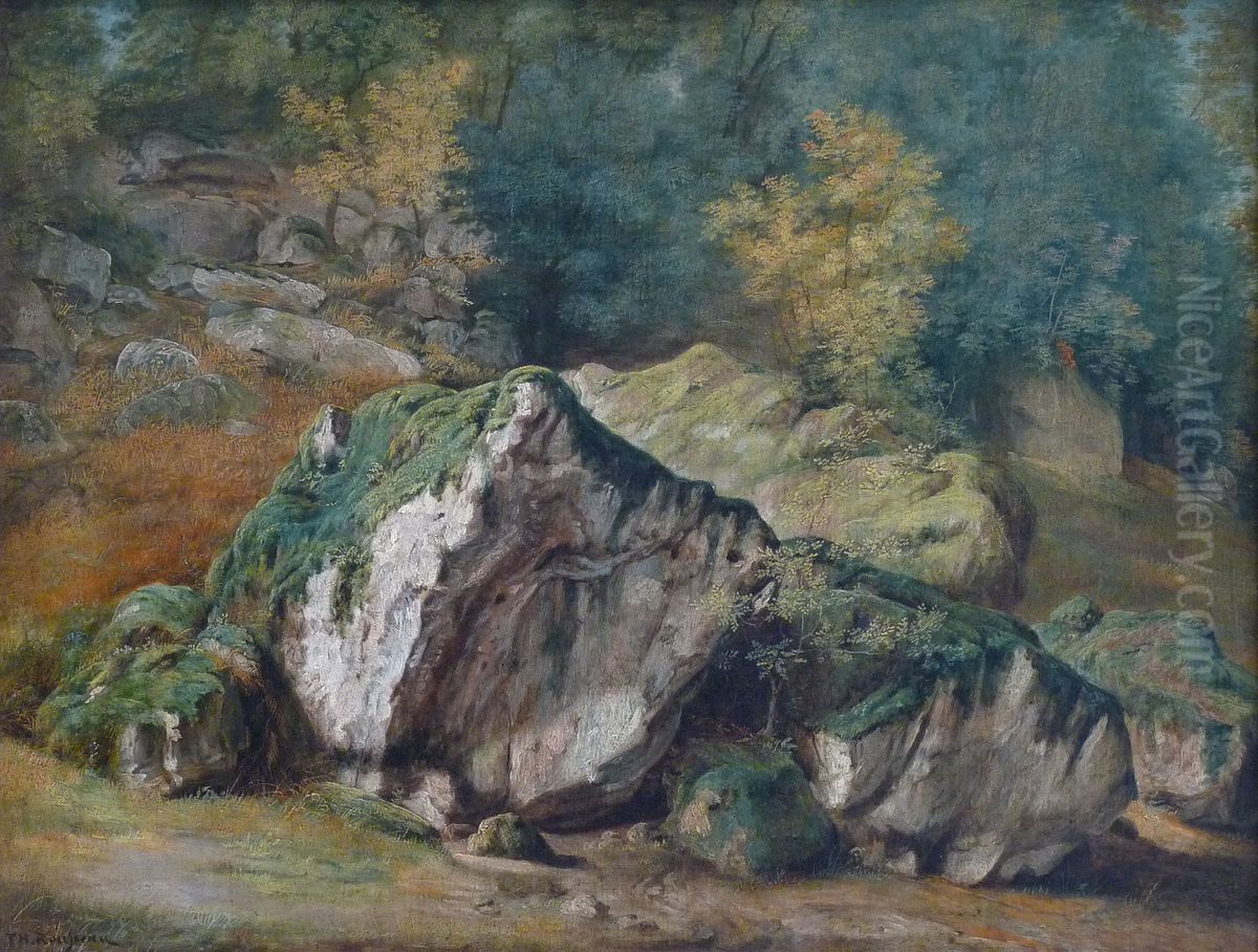 A Study of Rocks and Trees, Fontainebleau Oil Painting by Theodore Rousseau