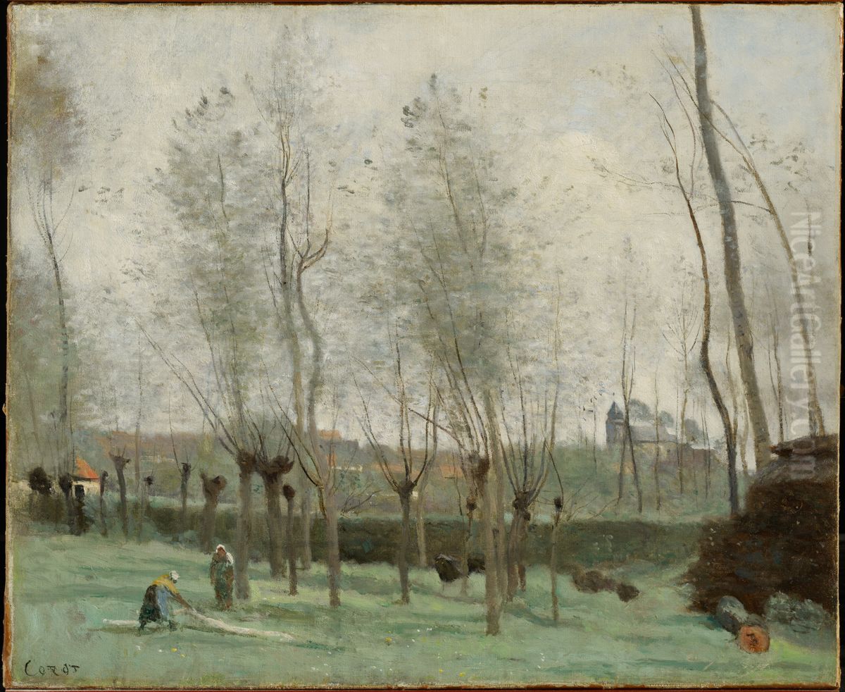 Washerwomen in a Willow Grove Oil Painting by Jean-Baptiste Camille Corot