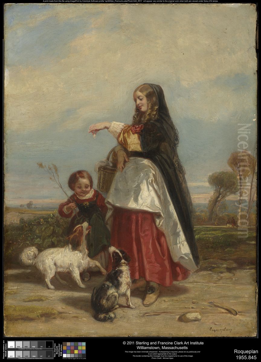 Woman and Child with Dogs Oil Painting by Camille Roqueplan