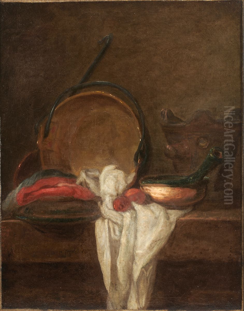 Cooking Pots and Ladle with a White Cloth Oil Painting by Jean-Baptiste-Simeon Chardin
