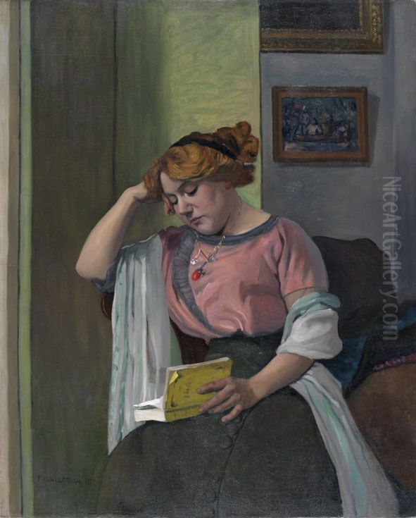 Femme lisant dans un interieur Oil Painting by Felix Vallotton