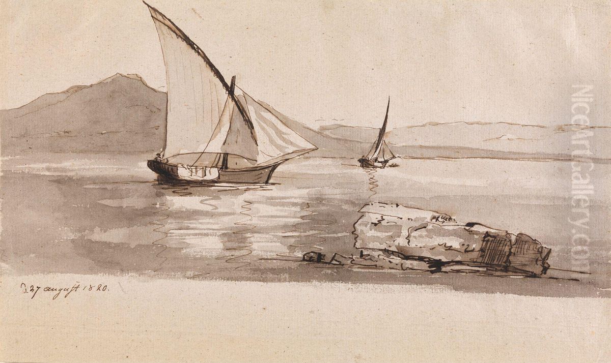 Feluccas in the Bay of Naples Oil Painting by Johan Wilhelm Ludwig Dahl