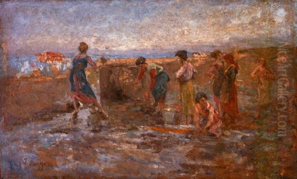 Women at the Fountain in Sottomarina di Chioggia Oil Painting by Leonardo Bazzaro