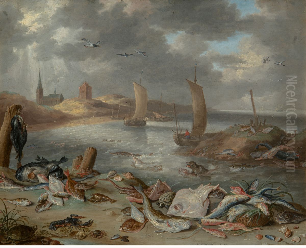 Coast with fish Oil Painting by Jan van Kessel the Elder