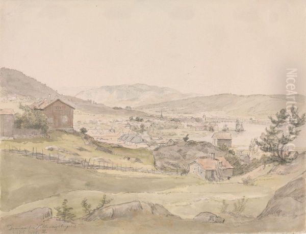 Drammen sett fra Kobberviksberget Oil Painting by Johan Christian Dahl