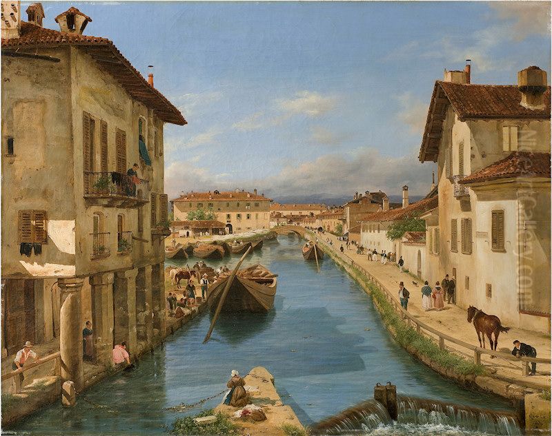 Veduta del canaleNavigliopresa sul ponte di San Marco Oil Painting by Giuseppe Canella