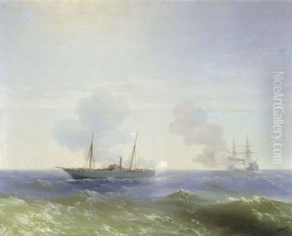 <<Boj parohoda 'Vesta' s tureckim bronenoscem 'Fehti-Bulend' v Cernom more 11 iula 1877 goda>> Oil Painting by Ivan Aivazovsky