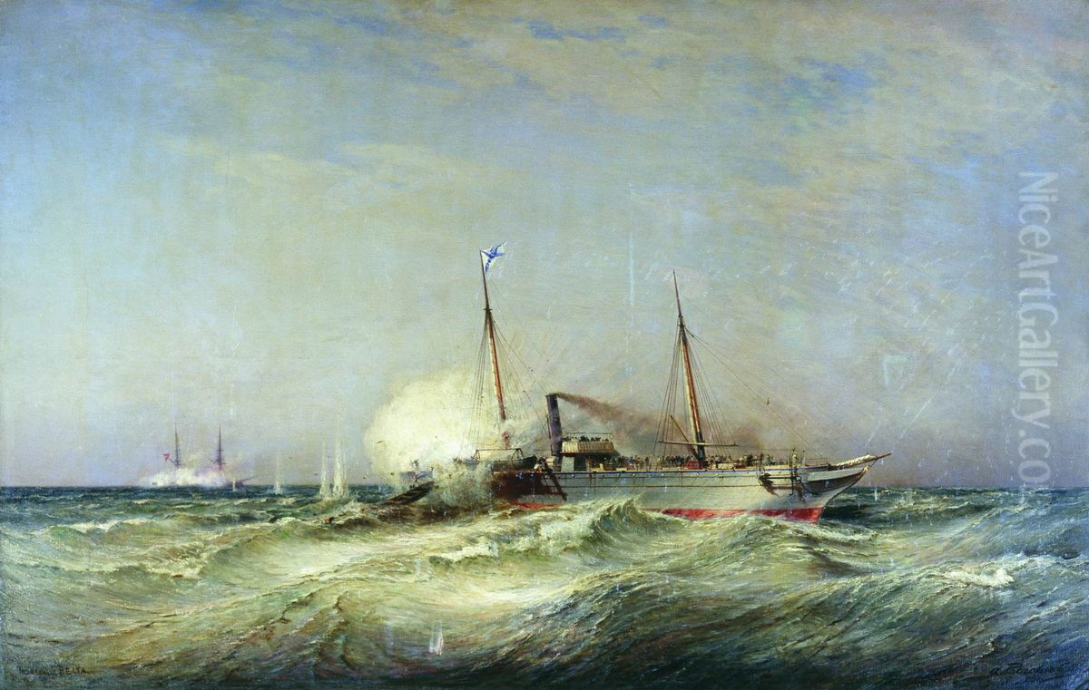 Luta do navio a vapor Vesta com o encouracado turco Fethi-Butland no Mar Negro em 11 de julho de 1877. Oil Painting by Alexey Bogolyubov