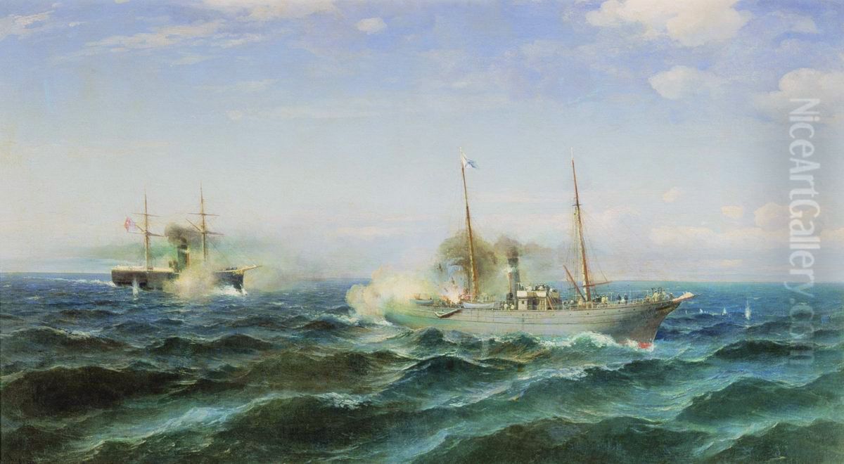 Fight of the steamer Vesta with the Ottoman ironclad Fetkh-i Bulend at the Black Sea July 11, 1877. Oil Painting by Rufin Sudkovsky