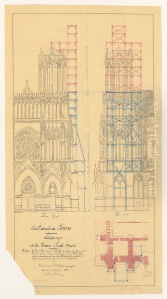 Echafaudage de la tour sud-ouest de la cathedrale de Reims (1894) Oil Painting by Denis Darcy