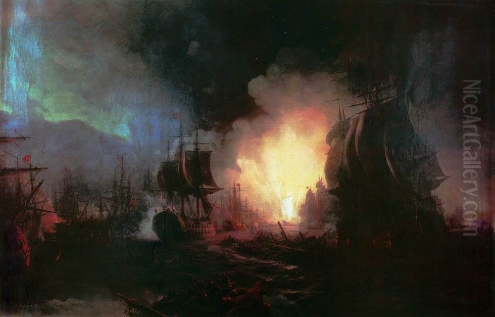 Battle of Chesma (1886) Oil Painting by Ivan Aivazovsky