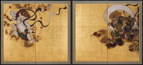 feng shen lei shen tu ping feng (Wind God and Thunder God Screens) Oil Painting by unknown