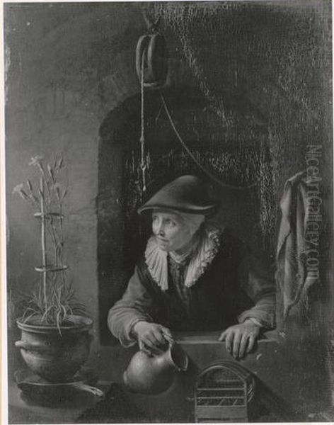 Woman with a Jug in a Window Oil Painting by Gerrit Dou