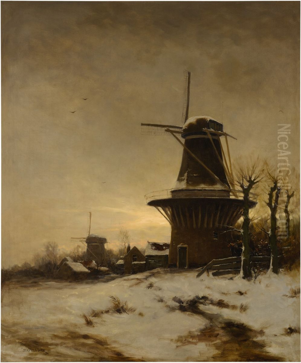 A Windmill and a Village on the edge of a snowy meadow Oil Painting by David Adolph Constanz Artz