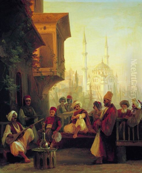 Coffee-house by the Ortakoy Mosque in Constantinople Oil Painting by Ivan Aivazovsky