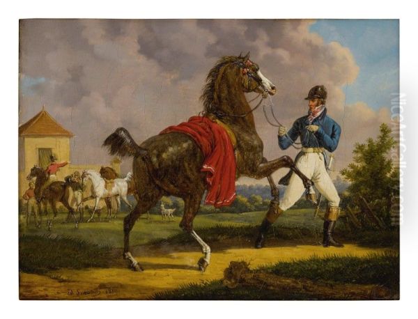 EQUERRY WITH HORSE OF LOUIS XVIII OUTSIDE THE ROYAL STABLES Oil Painting by unknown