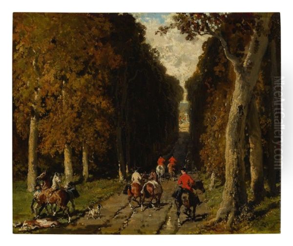 CHASSE DANS L'ALLEE VERS LA CROIX Oil Painting by unknown
