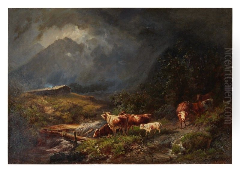 COWS IN A MOUNTAINOUS LANDSCAPE Oil Painting by unknown