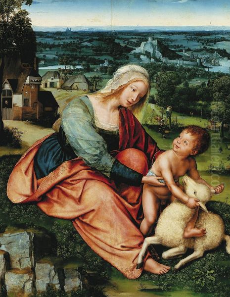 Madonna and Child with a lamb against a landscape Oil Painting by Quinten Metsys