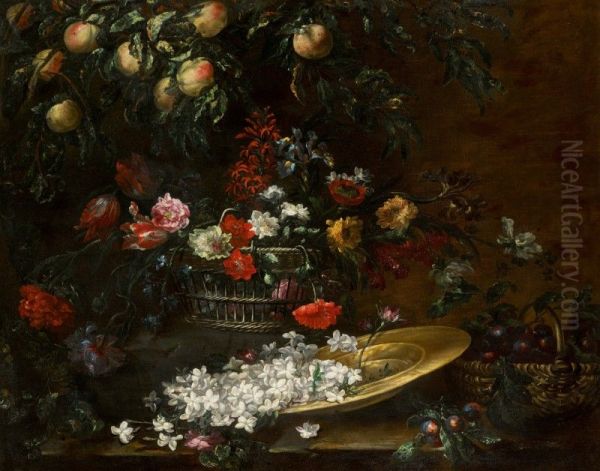 Still Life with Peaches, Plums and Flowers in Baskets, and Jasmine Flowers on a Gold Charger Oil Painting by Giuseppe Volo Vicenzino