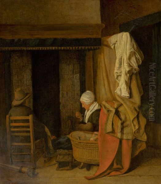 COTTAGE INTERIOR WITH A PEASANT FAMILY SITTING BY A FIREPLACE Oil Painting by unknown