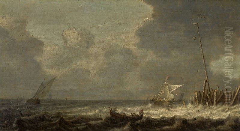 A ROWING BOAT AND OTHER SAILING VESSELS IN CHOPPY SEAS Oil Painting by unknown