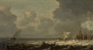 A ROWING BOAT AND OTHER SAILING VESSELS IN CHOPPY SEAS