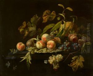 STILL LIFE OF PEACHES, A FIG, A WATERMELON, BUNCHES OF GRAPES AND A ROSE ARRANGED ON AND AROUND A SILVER DISH ON A LEDGE