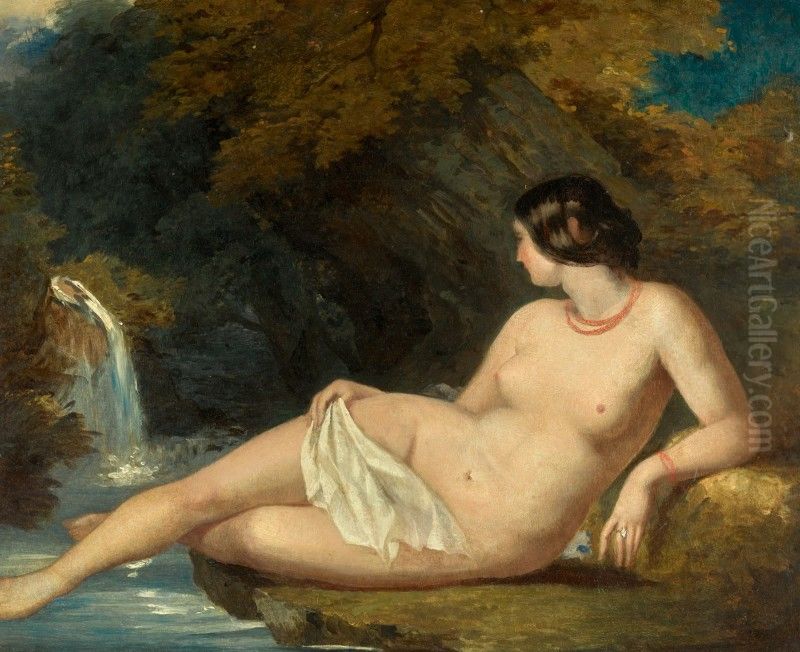 RECLINING FEMALE NUDE BY A WATERFALL Oil Painting by unknown