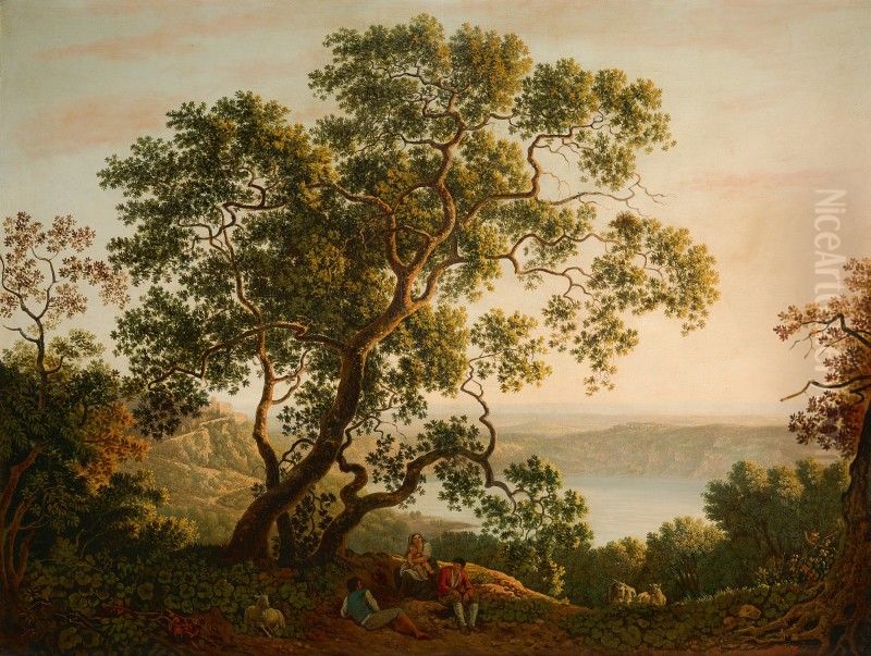 LAGO DI NEMI, A VIEW AT TWILIGHT WITH FIGURES AND A FLOCK OF GOATS RESTING IN THE FOREGROUND Oil Painting by unknown
