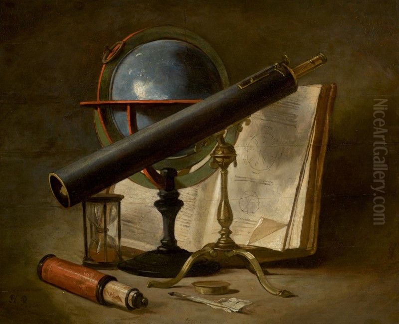 STILL LIFE WITH TELESCOPES AND AN ASTROLABE, AN HOUR GLASS, A BOOK AND A QUILL Oil Painting by unknown