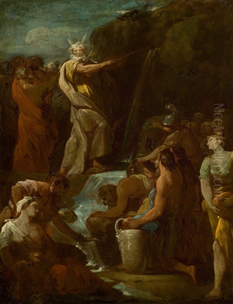 MOSES BRINGS FORTH WATER OUT OF THE ROCK Oil Painting by unknown