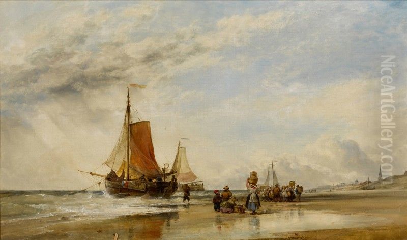 DUTCH PINKS ASHORE, SCHEVENINGEN Oil Painting by unknown