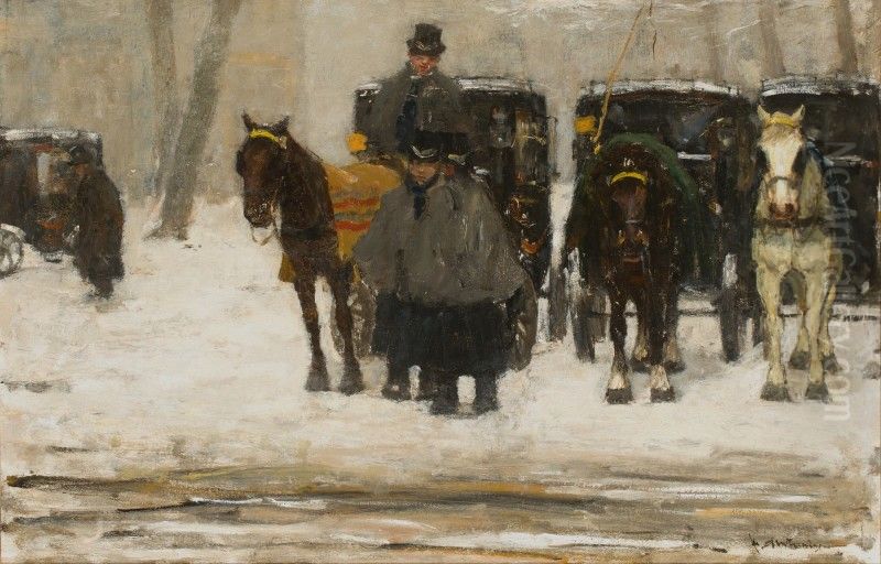 CARRIAGES IN THE SNOW, THE HAGUE Oil Painting by unknown