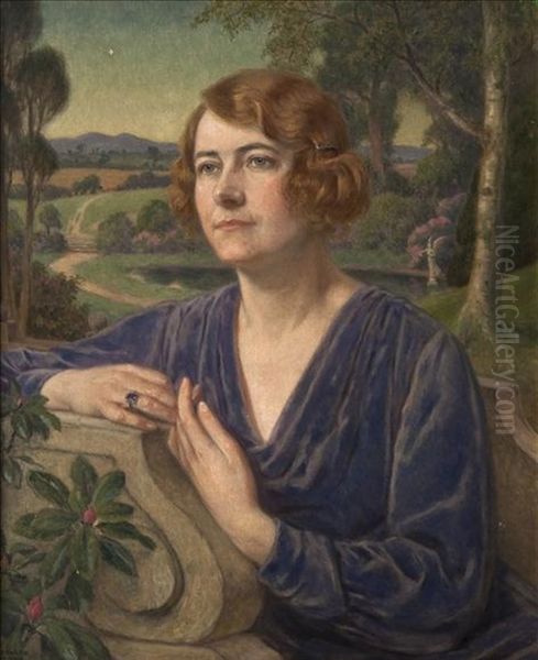 Portrait of a lady, twilight landscape beyond Oil Painting by unknown