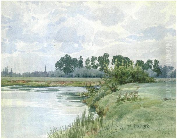 The distant church spire of All Saints Church, St. Ives, from the River Ouse , 1898 Oil Painting by William Fraser Garden The distant church spire of All Saints Church, St. Ives, from the River Ouse , 1898 Oil Painting by William Fraser Garden
