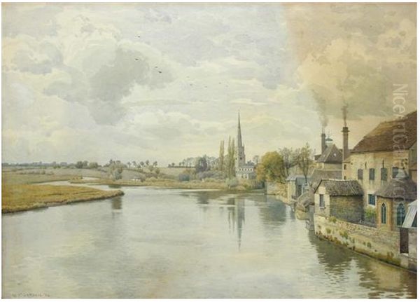 St. Ives looking west from the bridge, with the old brewery on the right, Hemingford meadows.. Oil Painting by William Fraser Garden