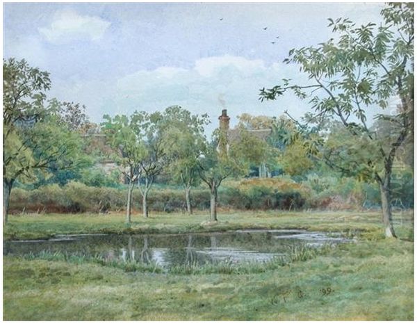 A farmhouse with a smoking chimney through trees by water , 1899 Oil Painting by William Fraser Garden