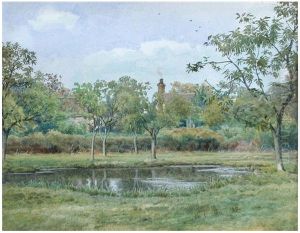 A farmhouse with a smoking chimney through trees by water , 1899
