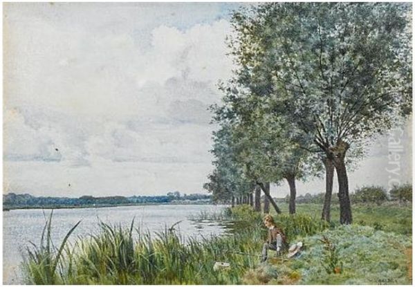 A young boy fishing by a river , 1880 Oil Painting by William Fraser Garden