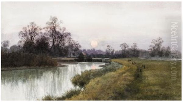 Moonlit river scene , 1891 Oil Painting by William Fraser Garden
