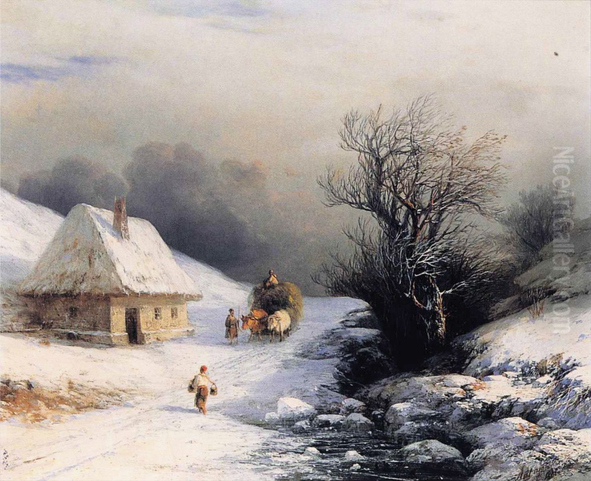 Little Russian Ox Cart in Winter Oil Painting by Ivan Aivazovsky
