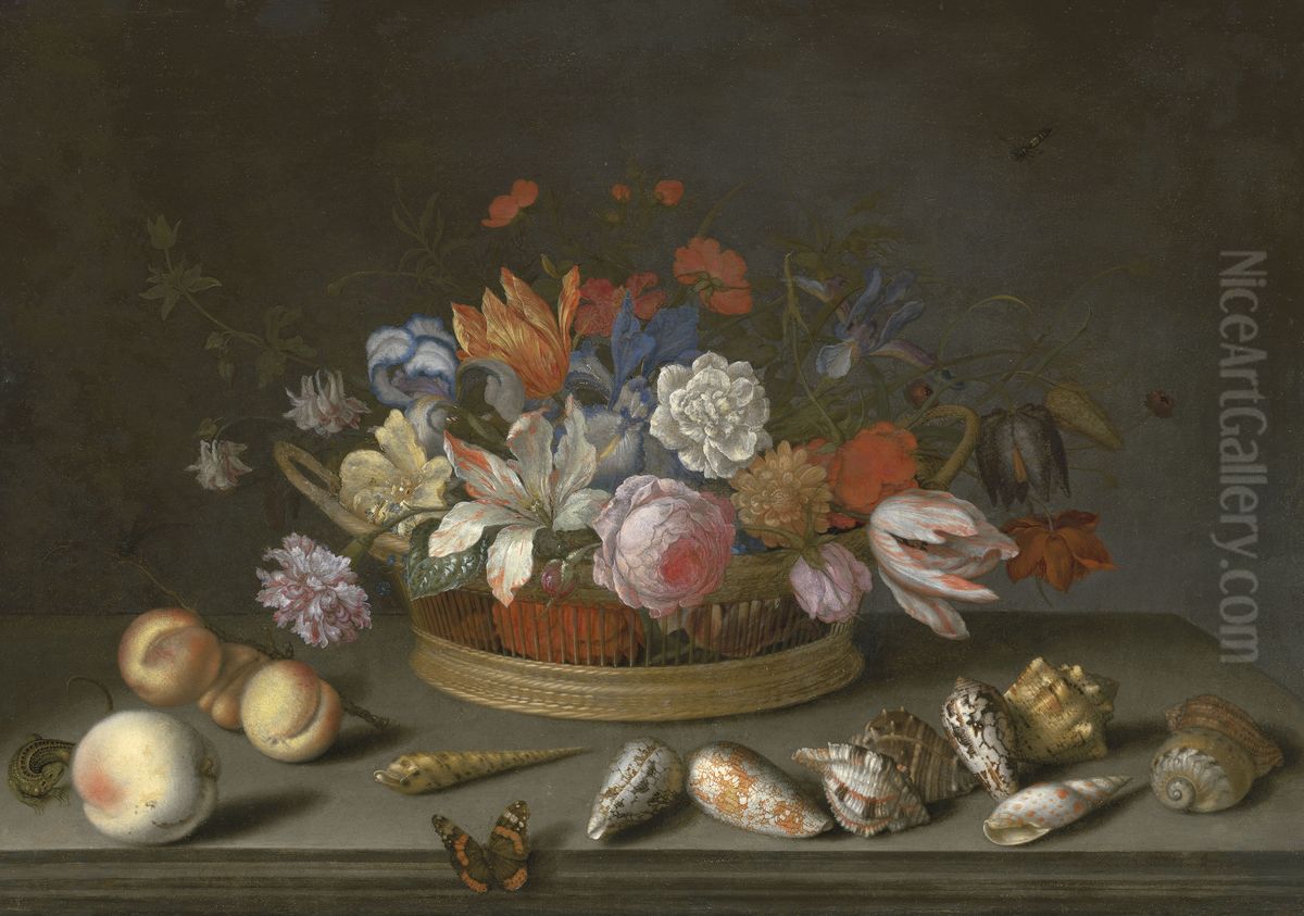 Tulips, roses and other flowers in a basket on a table, with shells, fruit, a lizard and a butterfly Oil Painting by unknown