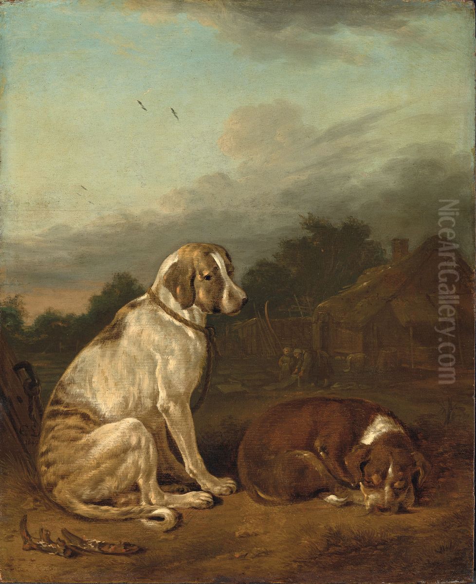 Deux chiens assis dans un paysage Oil Painting by unknown