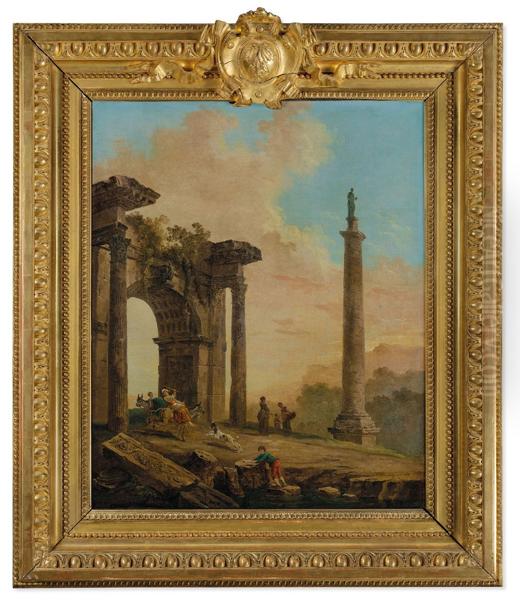Personnages pres d'une colonne antique Oil Painting by unknown