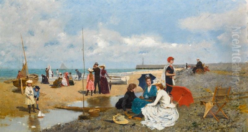 Tarde en la Playa (An Afternoon on the Beach) Oil Painting by unknown